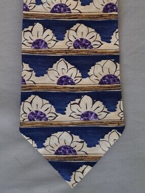 Vintage NEXT Navy Silk Tie with Cream Floral and Purple Accents